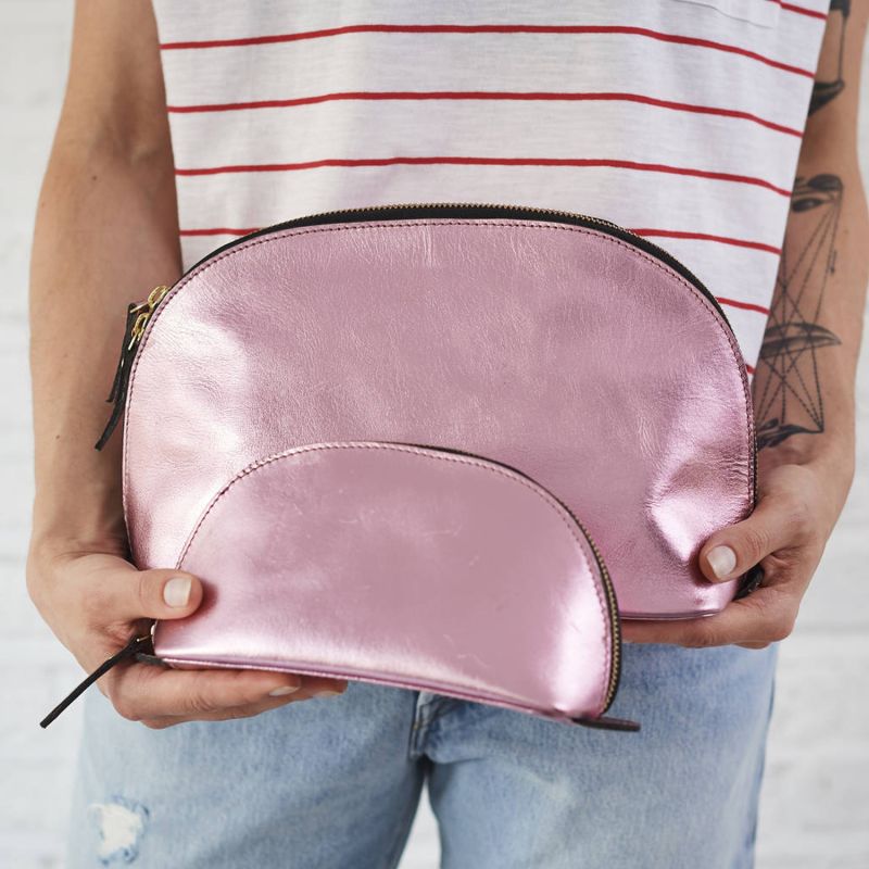 Lunar Metallic Pink Leather Wash Bag & Make-Up Bag Set image