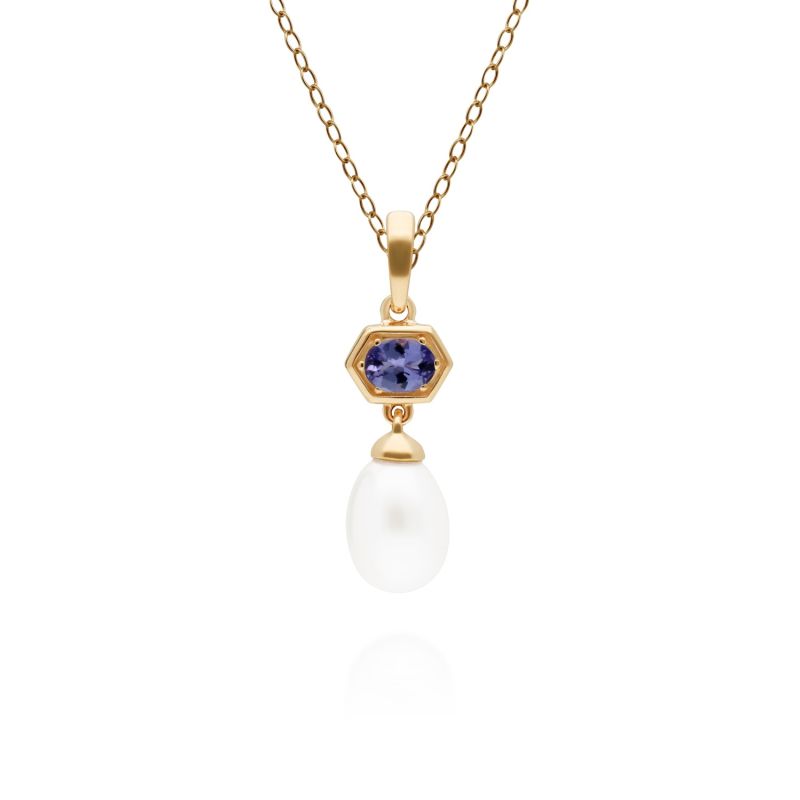 Modern Pearl & Tanzanite Pendant In Yellow Gold image