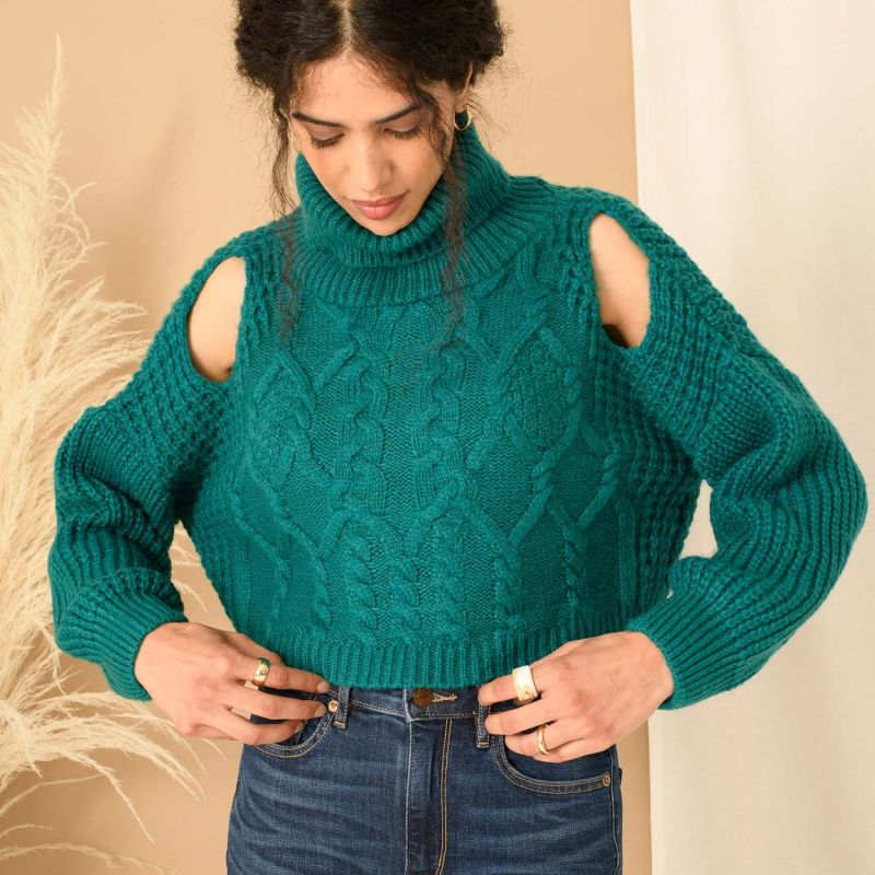 Mimi Crop Cut Out Cable Jumper - Teal image