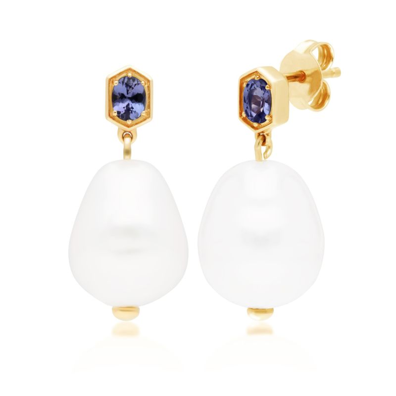 Baroque Pearl & Tanzanite Earrings In Yellow Gold Plated Silver image