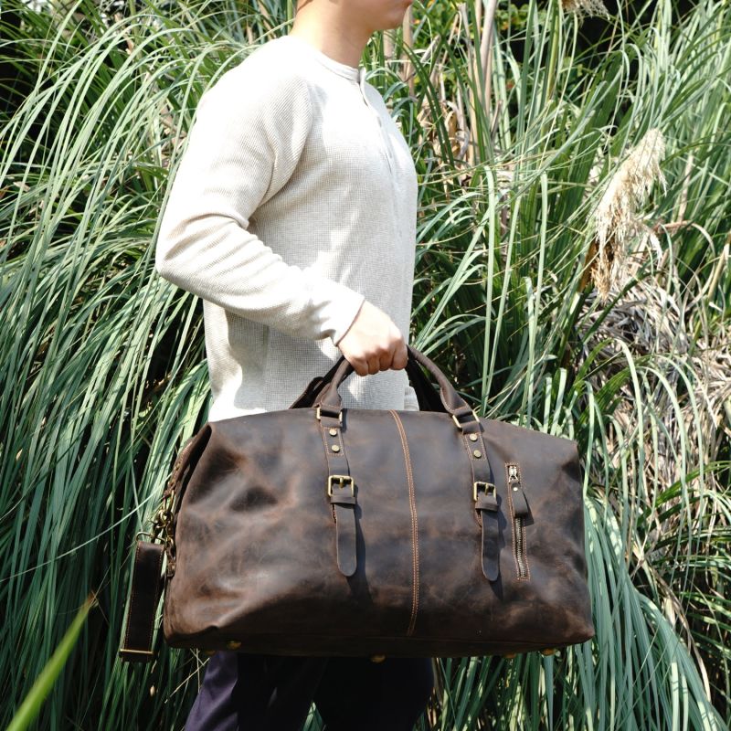 Zip Detail Genuine Leather Holdall - Worn Brown image