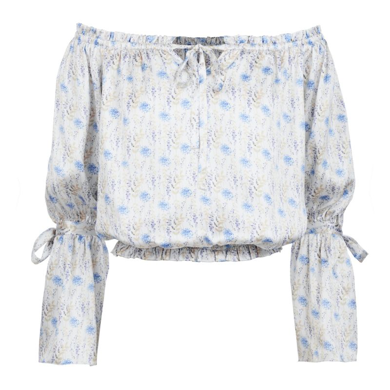 Ivy Off The Shoulder 100% Organic Peace Silk Blouse With Blue Flowers image