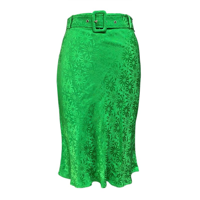 The Christina Belted Satin Midi Skirt In Green Daisy image