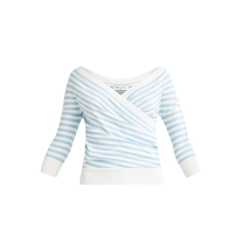 Knitted Wrap Top In Light Blue And White image