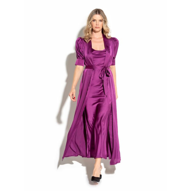 Elbow Bishop Sleeves Long Satin Robe In Regal Purple image