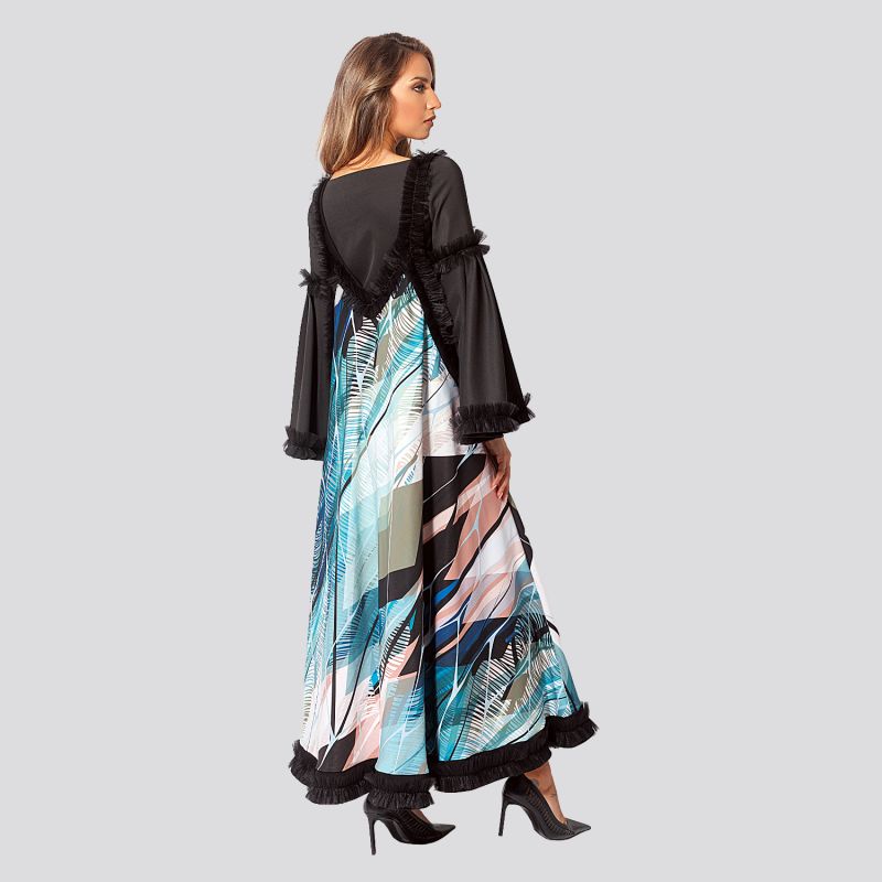 Flared Maxi Dress, Edged With Tulle, With Tropical Print image