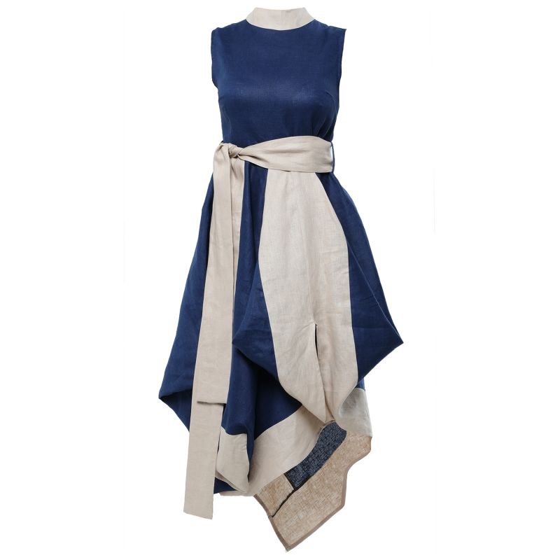 Elegant Linen Dress In Blue And Beige image