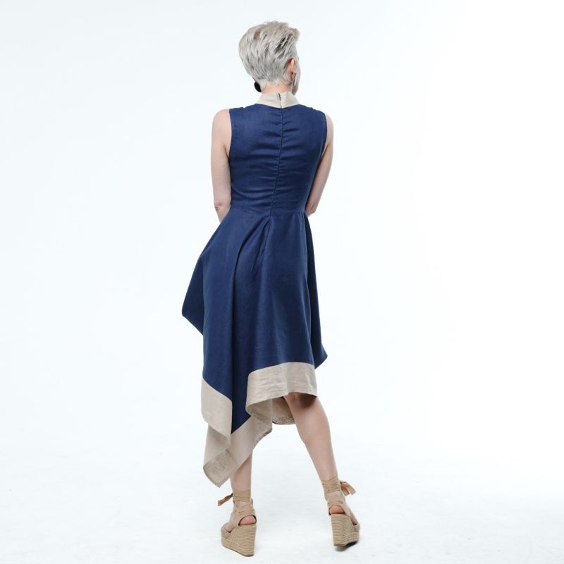 Elegant Linen Dress In Blue And Beige image