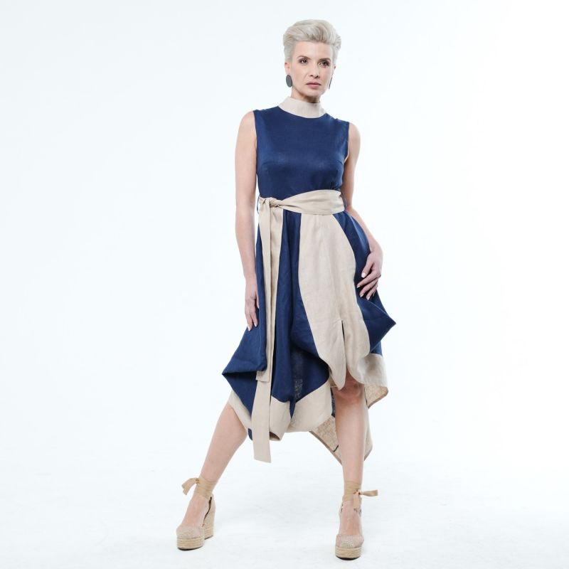 Elegant Linen Dress In Blue And Beige image