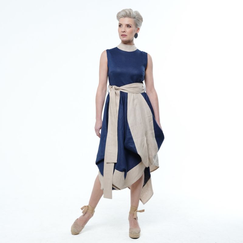 Elegant Linen Dress In Blue And Beige image