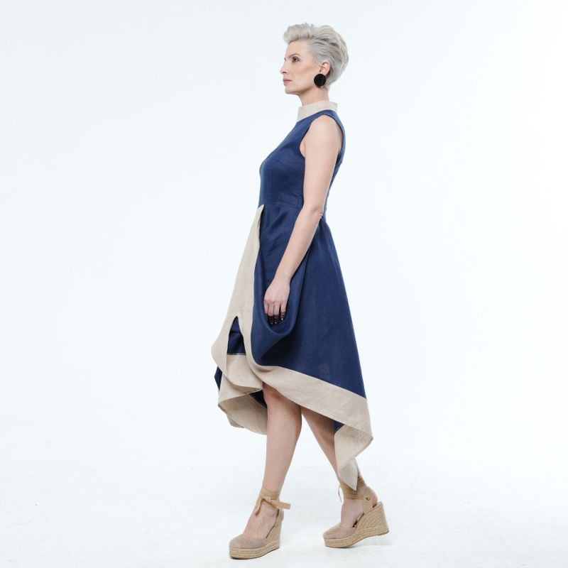 Elegant Linen Dress In Blue And Beige image