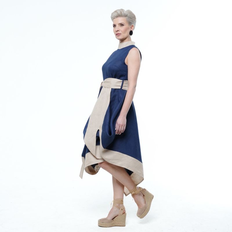 Elegant Linen Dress In Blue And Beige image