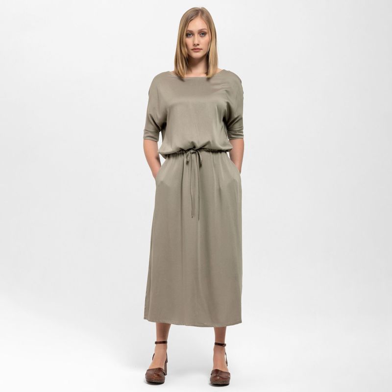 Gathered Detailing Satin Dress In Khaki image