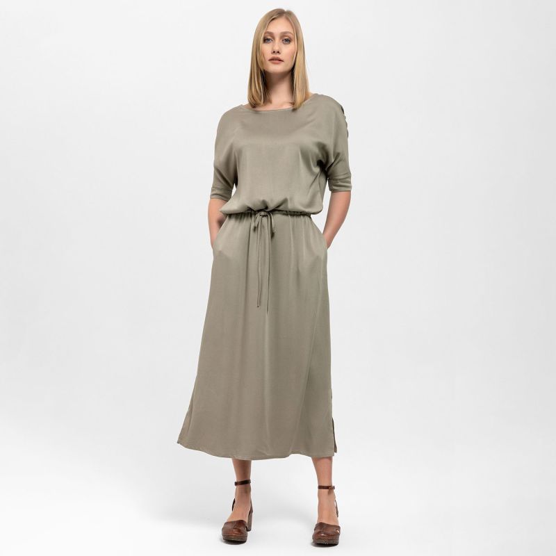 Gathered Detailing Satin Dress In Khaki image