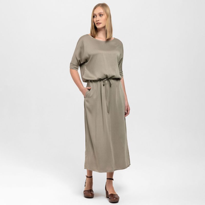 Gathered Detailing Satin Dress In Khaki image