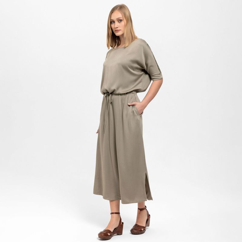 Gathered Detailing Satin Dress In Khaki image