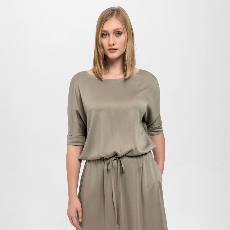 Gathered Detailing Satin Dress In Khaki image