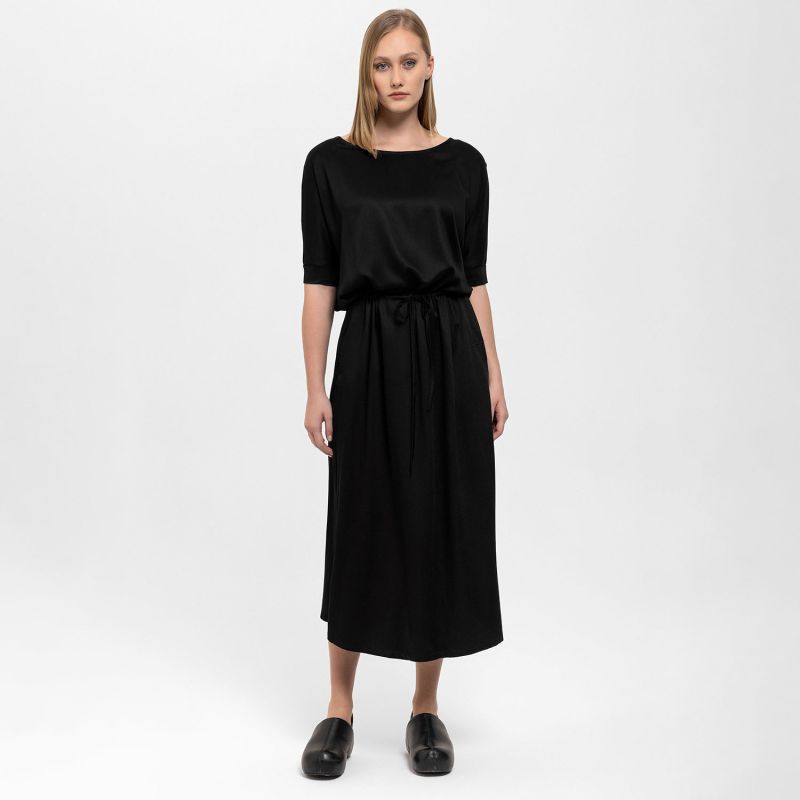 Gathered Detailing Satin Dress In Black image