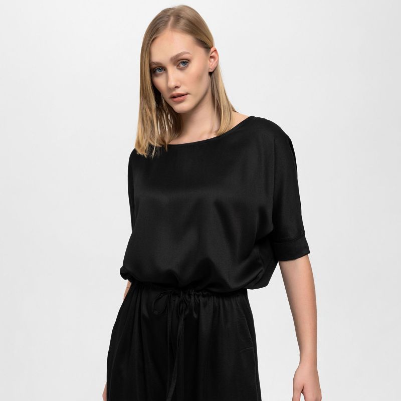 Gathered Detailing Satin Dress In Black image