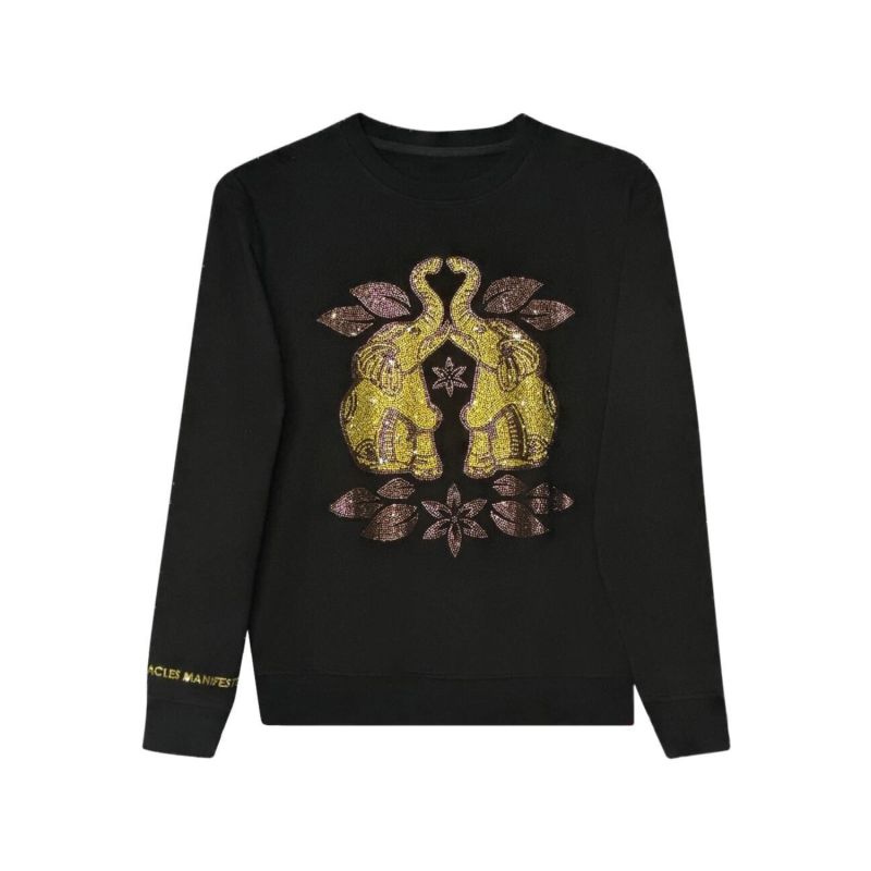 Elephants Love Symbol - Lucky Feng Shui Rhinestoned Sweatshirt - Black image