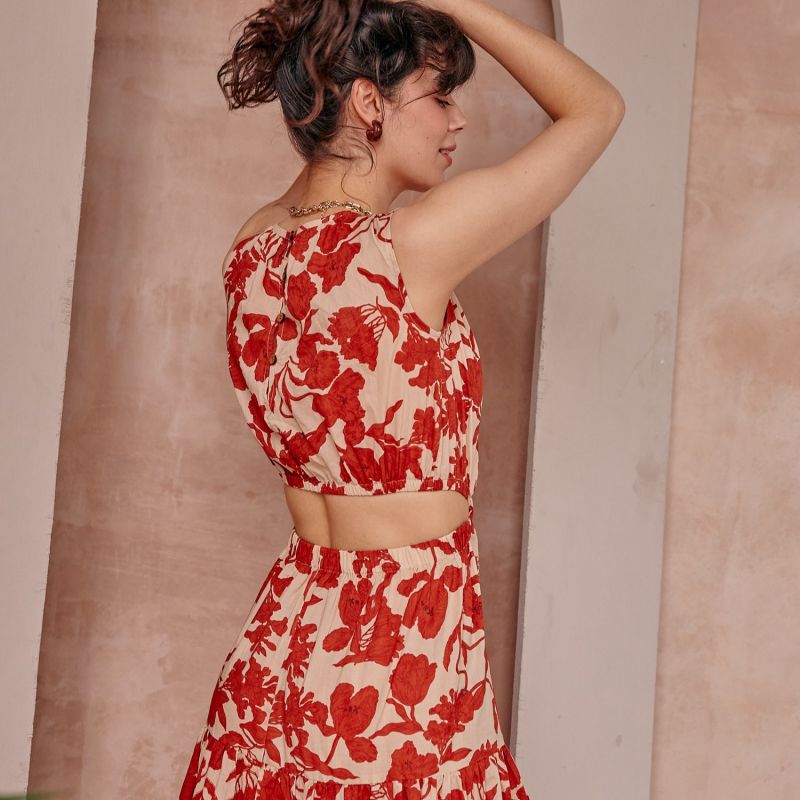 Elise Red Floral Cutout Midi Dress image