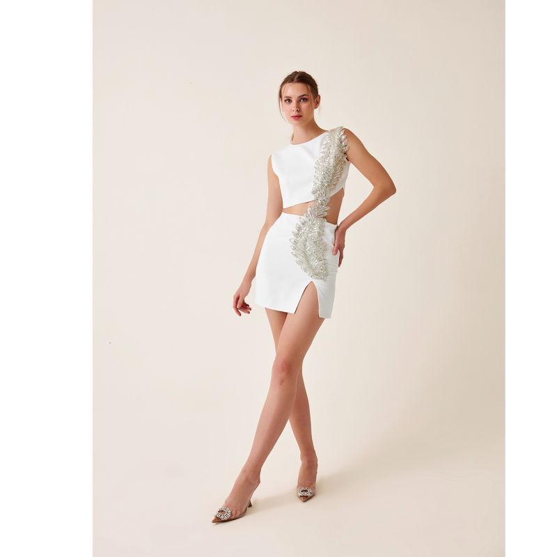 Ellie Ecru White Mini Dress With Cutouts & Embellishment image