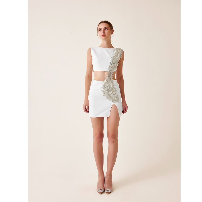 Ellie Ecru White Mini Dress With Cutouts & Embellishment image