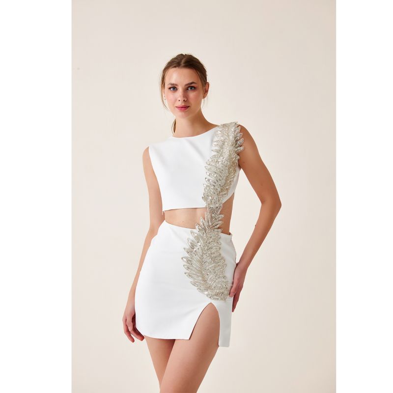 Ellie Ecru White Mini Dress With Cutouts & Embellishment image