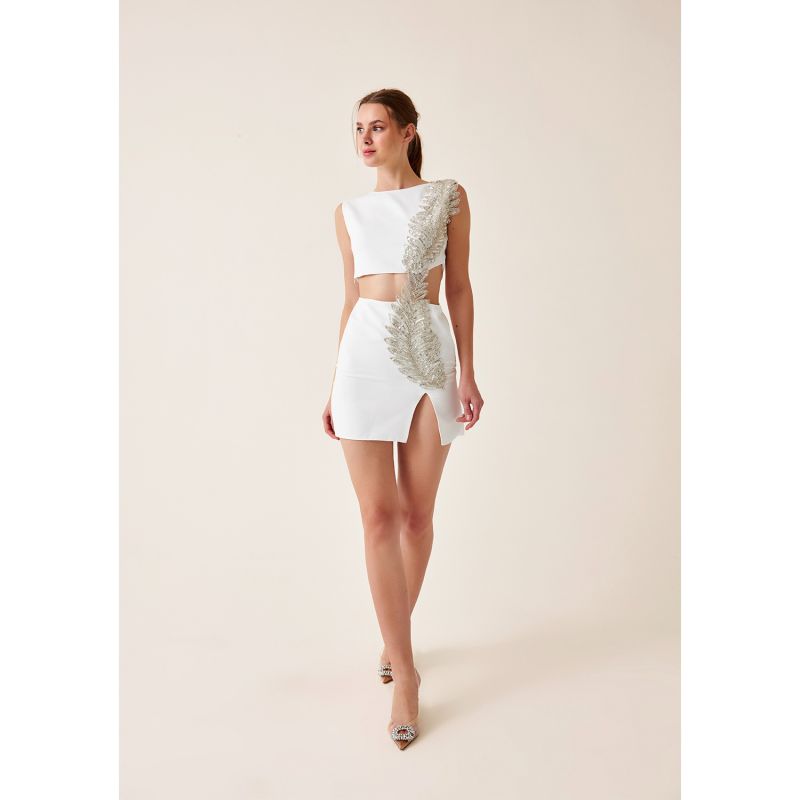 Ellie Ecru White Mini Dress With Cutouts & Embellishment image