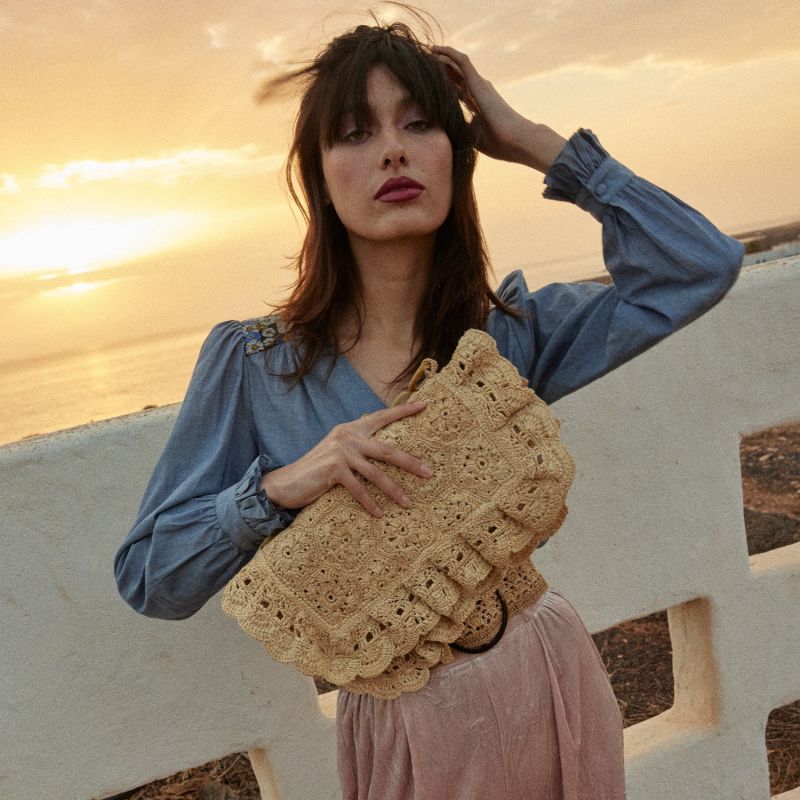 Embroidery Raffia Clutch Hanae - Natural image