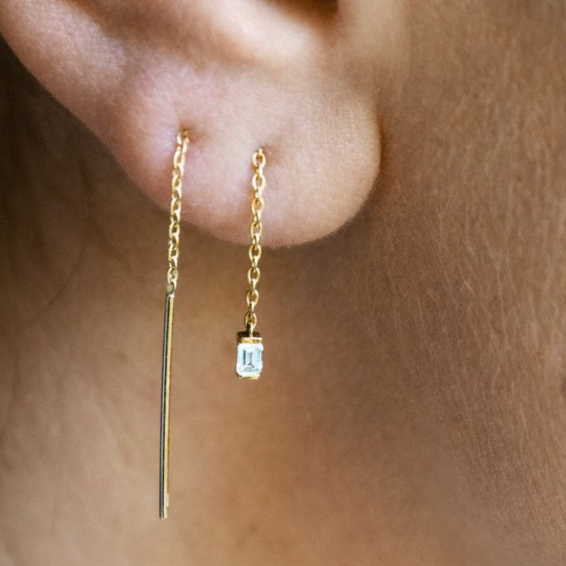 Emerald Diamond Threader Earrings Solid Gold Pair image