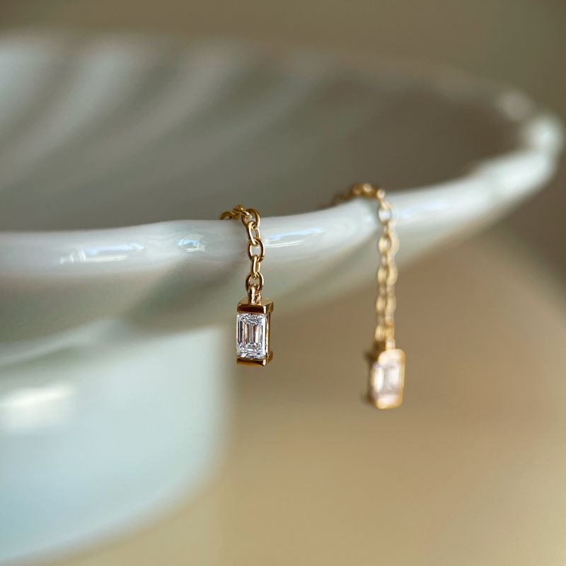 Emerald Diamond Threader Earrings Solid Gold Pair image