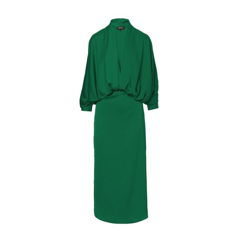 Emerald Green Draped Dress With Flared Sleeves image