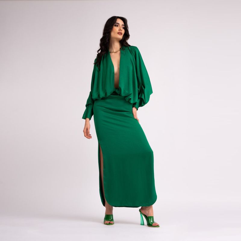 Emerald Green Draped Dress With Flared Sleeves image