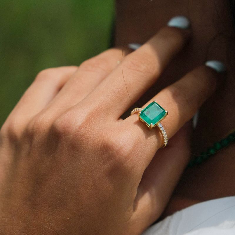 Emerald Pave Ring Birthstone Emerald Ring May Gemstone Ring image