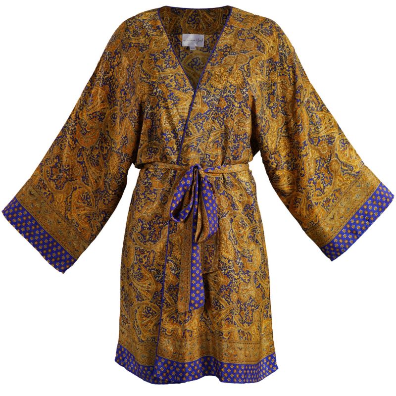 Emily | Lightweight Silky Paisley Kimono - Mustard & Blue Paisley image