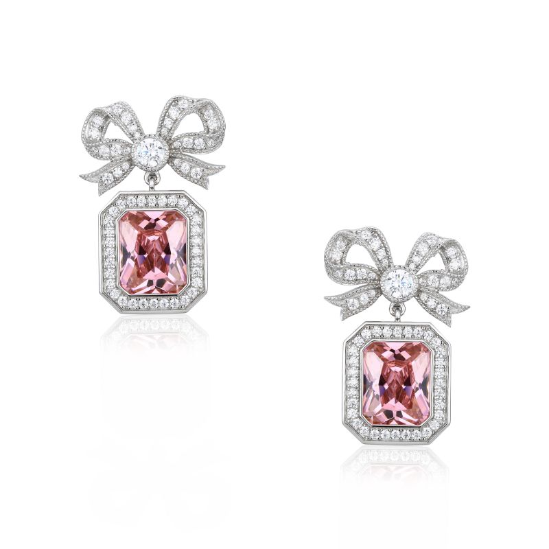 Empress Bow & Pink Radian Cut Crystal Silver Earrings image