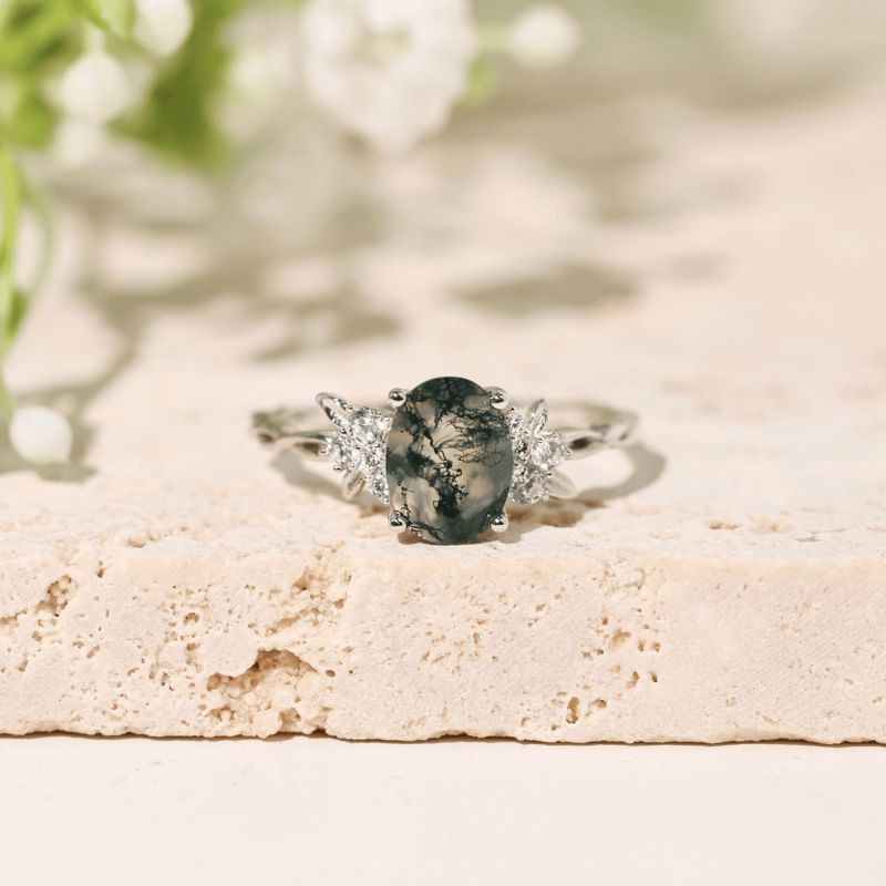 Enchanted Garden Moss Agate Ring White Gold Vermeil Azura