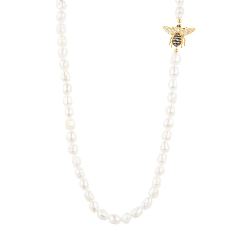 Honey Bee Pearl Gemstone Long Necklace Gold image