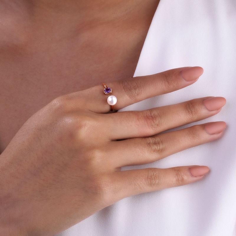 Amethyst & Pearl Open Ring In Rose Gold Plated Silver image