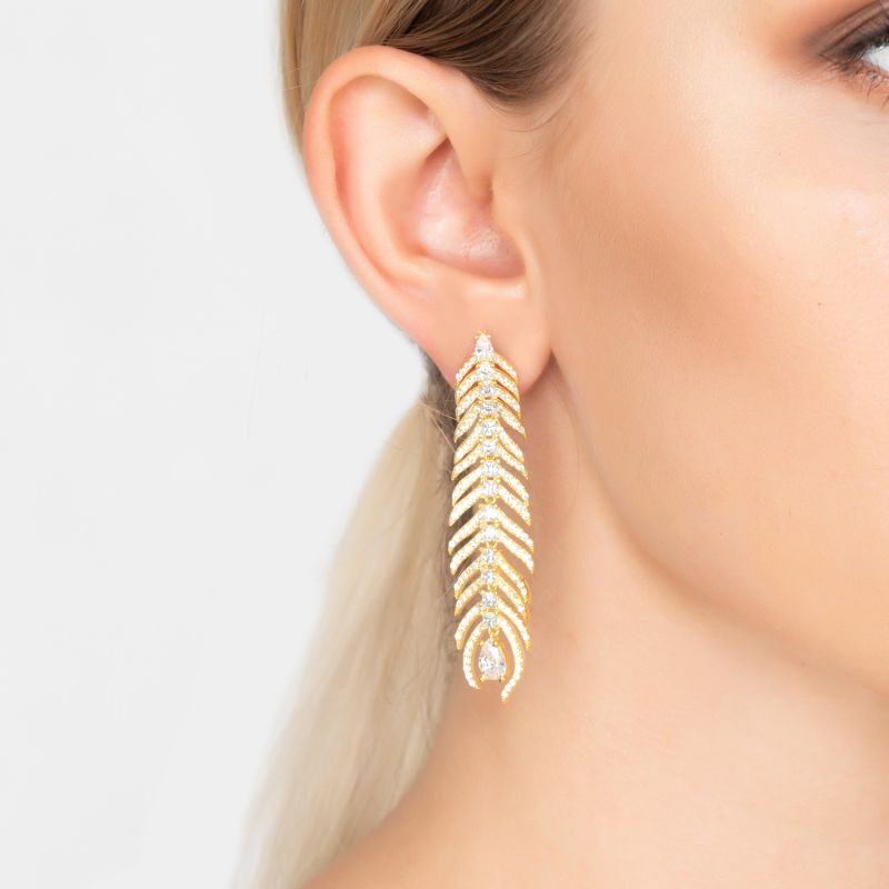 Peacock Feather Elongated Drop Earrings Rosegold image