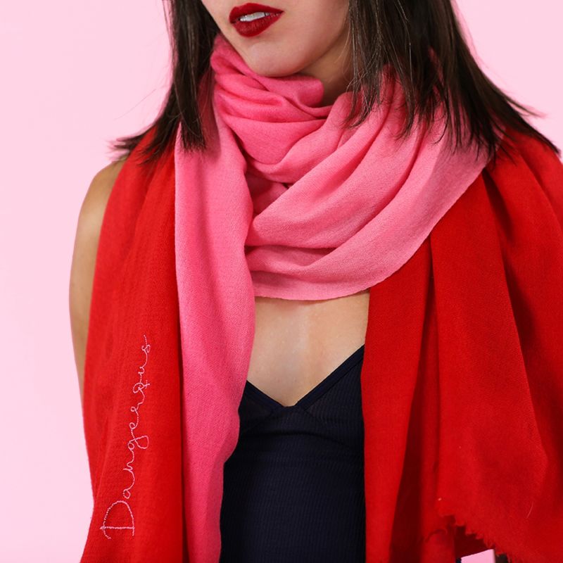 Dangerous Woman Embroidered Cashmere Pashmina - Red Pink Ombré image