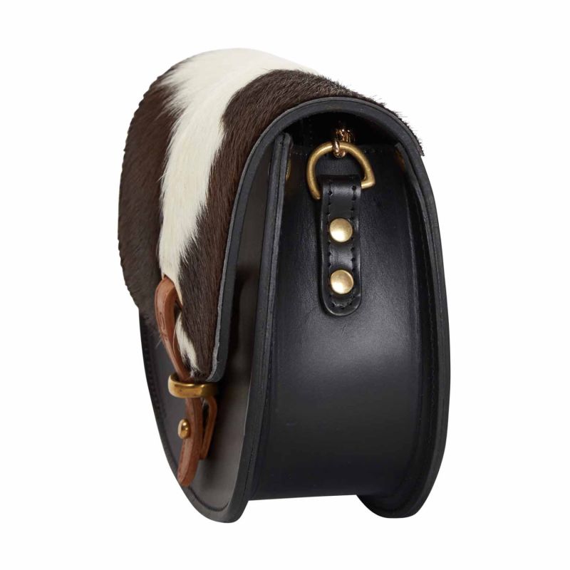 Mini Victoria Cow Hair Full Grain Black Leather Crossbody Saddle Bag With Gold Chain image