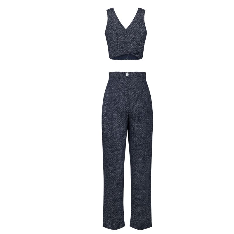 Esme Enchanting Crop Top & Tailored Pant In Denim Wave Print image