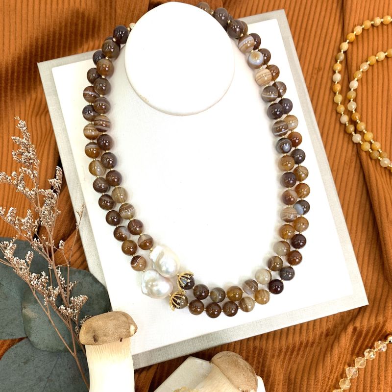 Brown Agate With Baroque Pearls Double Layers Necklace image