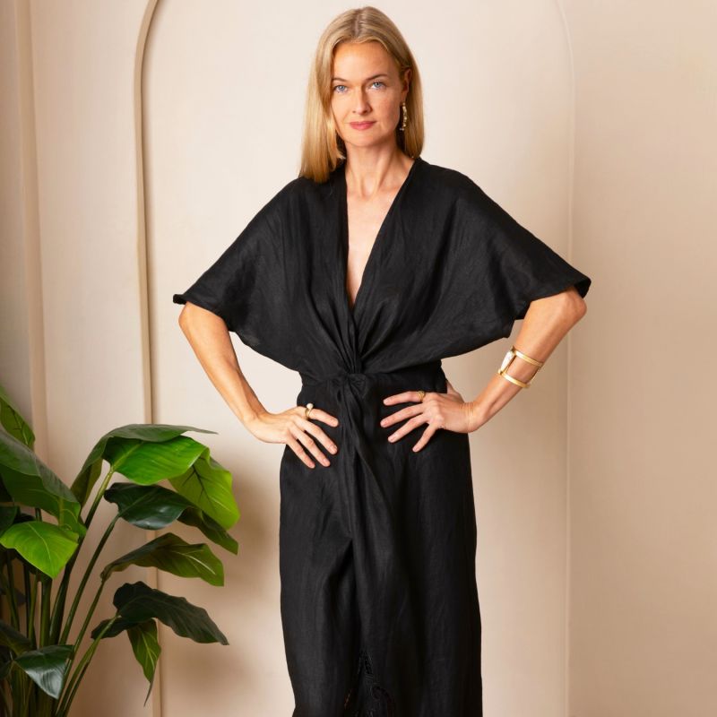 Euphoric Knot Front Maxi - Embroidered Linen - Black image