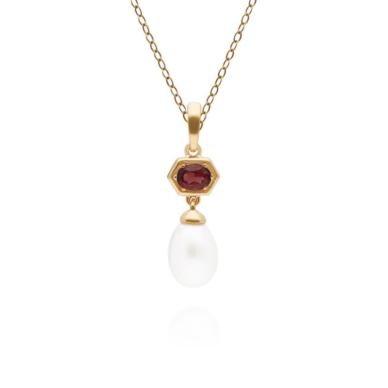 Modern Pearl & Garnet Pendant In Yellow Gold Plated Silver image