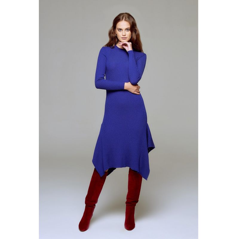 Alexa Asymmetric Ribbed Wool Midi Dress In Royal Blue image