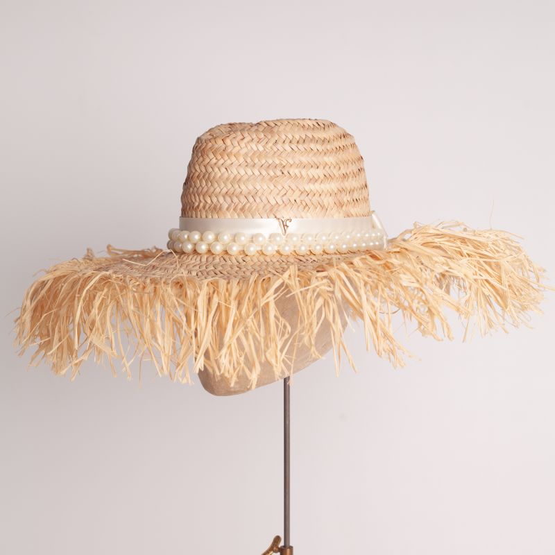 Extra Large Natural Straw Hat With Distressed Edge And Extra Large Pearl Trim image