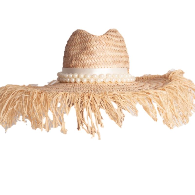 Extra Large Natural Straw Hat With Distressed Edge And Extra Large Pearl Trim image